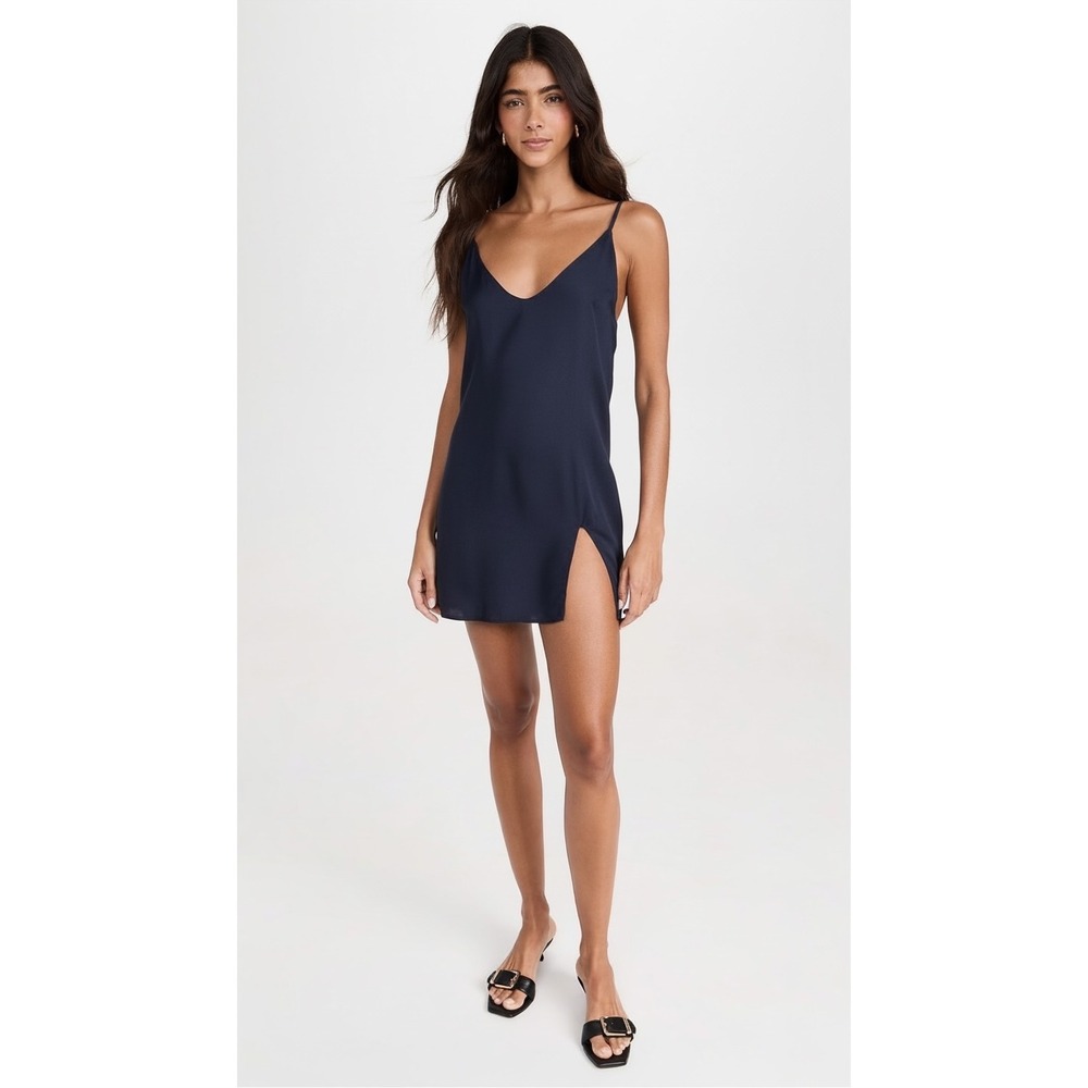 Reformation | Micro Mini Slip Dress Large Navy Blue V-Neck Side Slit 90s Minimal